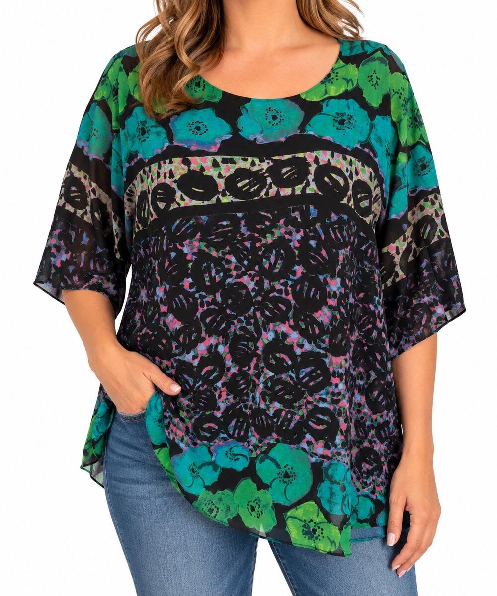 RACHEL Rachel Roy 18W Floral Sheer Tunic Top Black Green Blue Abstract Boho